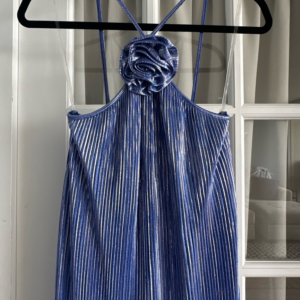 Blue and White Pleated Halter Tank Top